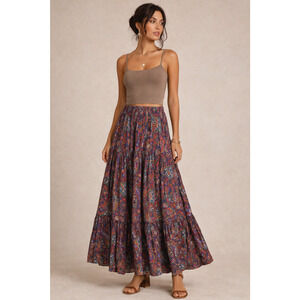 Vintage Crinkled Paisley Boho Broomstick Skirt Multi Color Sz 36 Small Boho Chic